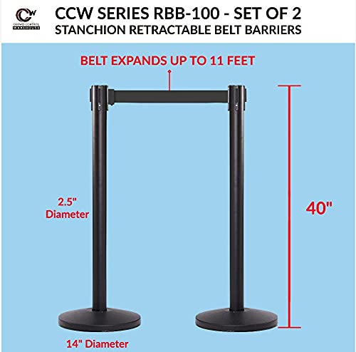 Crowd Control Warehouse CCW Series RBB-100 - Set of 2 Stanchion Retractable Belt Barriers - 7.5 Foot, Red and White Diagonal Belt with Black Post - Easy Assembly