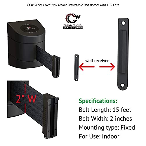 Crowd Control Warehouse - CCW Series WMB-220 Fixed Wall Mount Retractable Belt Barrier - 15 Foot, Black Belt with Black ABS Case, Crowd Control Barriers
