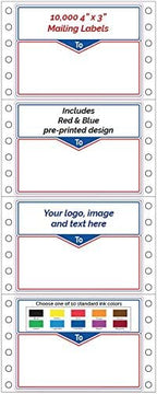 Shipping Stickers, Custom Printed Continuous Pinfeed - Your Logo, Image or Text Imprinted 1-Color, Pinfed, 4" x 3" for Business Mailing (10000)