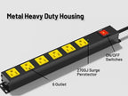Heavy Duty 6 Outlet Metal Long Power Strip, 2700J Surge Protector with 15A Circuit Breaker, 15FT Extension Cord, Wall Mount for Garage, Workshop & Industrial Use, Wide Spaced (15ft)