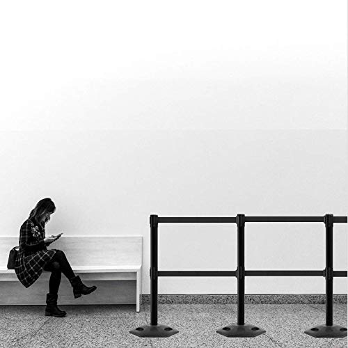 Crowd Control Warehouse CCW Set of 2 Retractable Dual Belt Stanchion Safety Barrier, Heavy-Duty Rubber Base Yellow Post, WBB-200D (11 Foot Belt, Black with White Horizontal Stripe Belt)