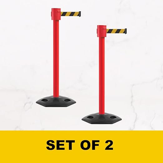 Montour Line MSR760 Set of 2 Retractable Belt Barrier Stanchion, Rubber Base, Red Post (35 ft Red with"Please Wait HERE" White Letters Belt)