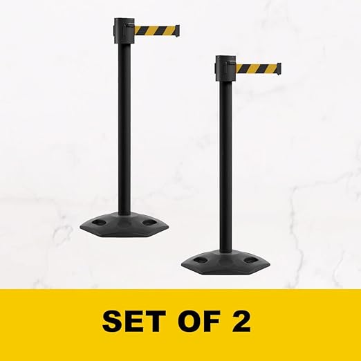 Montour Line MSR760 Set of 2 Retractable Belt Barrier Stanchion, Rubber Base, Black Powder Coated Post (35 ft Red with"Please Wait HERE" White Letters Belt)