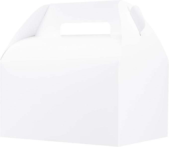 UnicoPak 5 Pack 10x7x7.5 Extra Large Gable Boxes, White Gift Boxes with Handle Lunch Boxes To Go for Birthday Wedding Party Favors Picnic Welcome