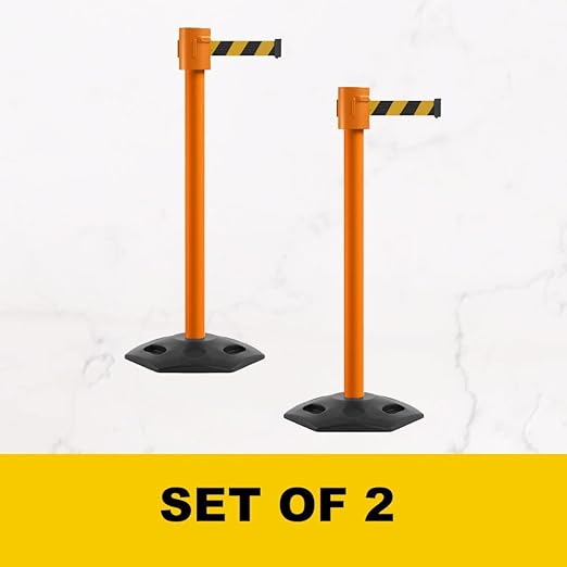 Montour Line MSR760 Set of 2 Retractable Belt Barrier Stanchion, Rubber Base, Orange Post (35 ft Blue Belt)