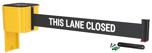 WM412 Retractable Belt Wall Mounted Yellow Crowd Control Barrier and Receiving End, 30' This Lane Closed Belt