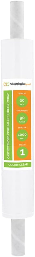 PSBM 1 Roll 20 Inch x 1000 Feet 90 Gauge Stretch Film/Wrap with Handles, Heavy Duty Industrial Strength Clear Shrink Plastic Wrap for Moving, Packing, Shipping, Pallet Wrapping & Storage