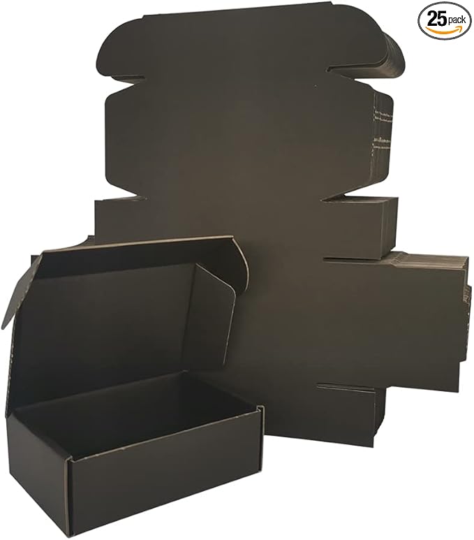 6x4x2'' Small Shipping Boxes 25 Pack, Black Corrugated Cardboard Literature Mailers, Mailing Packaging Supplies for Small Business (BK642-25)