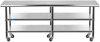 AmGood Stainless Steel Work Table with 2 Shelves and Casters | Metal Utility Table On Wheels (Stainless Steel, 84" Long x 24" Deep)