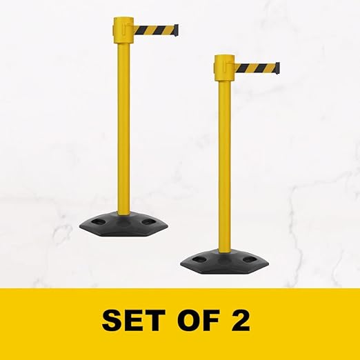 Montour Line MSR760 Set of 2 Retractable Belt Barrier Stanchion, Rubber Base, Yellow Post (35 ft Light Blue Belt)