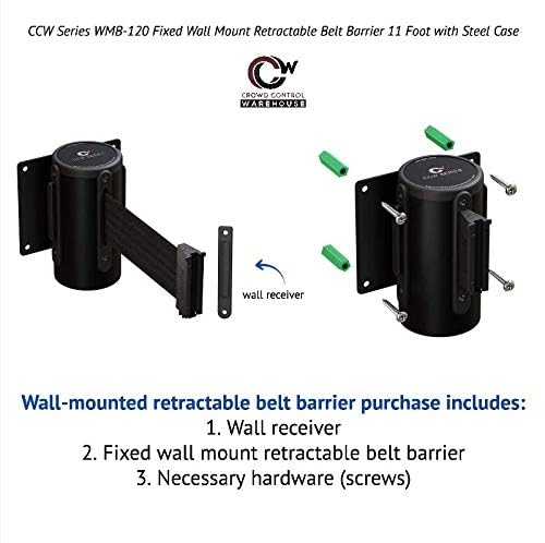 Crowd Control Warehouse - CCW Series WMB-120 Fixed Wall Mount Retractable Belt Barrier - 11 Foot, Light Grey Belt with Stainless Steel Case