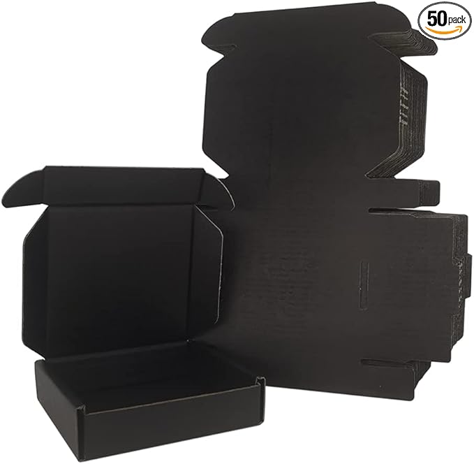 50 Pack 4x4x1'' Small Shipping Boxes, Black Corrugated Cardboard Mailers for Mailing Packaging Business (BK441-50)