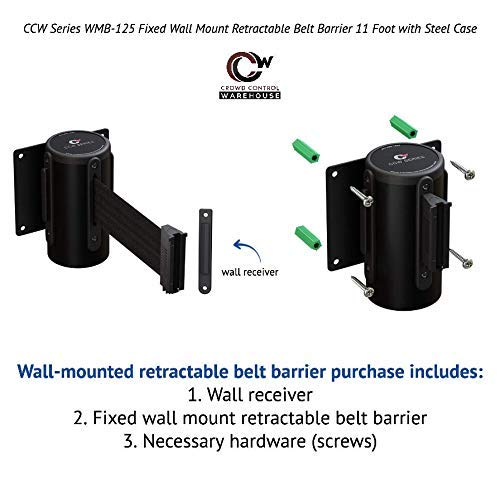 Crowd Control Warehouse - CCW Series WMB-125 Fixed Wall Mount Retractable Belt Barrier - 11 Foot, Red Belt with Black Steel Case