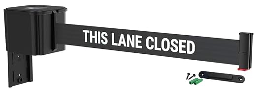 WM412 Retractable Belt Wall Mounted Smooth Black Crowd Control Barrier and Receiving End, 20' This Lane Closed Belt