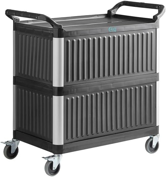 3-Shelf Black Plastic Utility Cart with Side Panels, 38 x 20 Inches, 450 lb Capacity, Medium Duty Bussing Cart with Casters