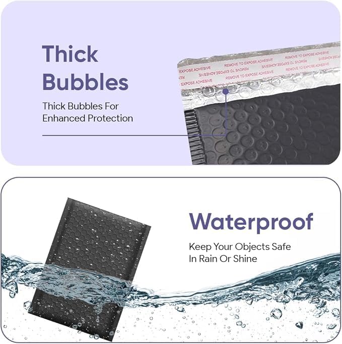 Black Large Poly Bubble Mailers 12x15 inch | Self Seal Padded Envelopes Cushioned Bubble Mailer | Usable Size 12x15 | WaterProof | Lightweight mailing Shipping Bags | 50 Pack Bulk