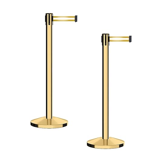 CCW Series RBB-100 - Set of 2 Stanchion Retractable Belt Barriers (9 Foot Belt, Yellow with Horizontal Reflective Stripe Belt with Polished Brass Post)