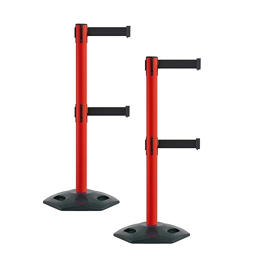 Montour Line MSR630D Set of 2 Retractable Belt Barrier Stanchion, Heavy-Duty Rubber Base, Red Post (11 ft Black Dual Belt)