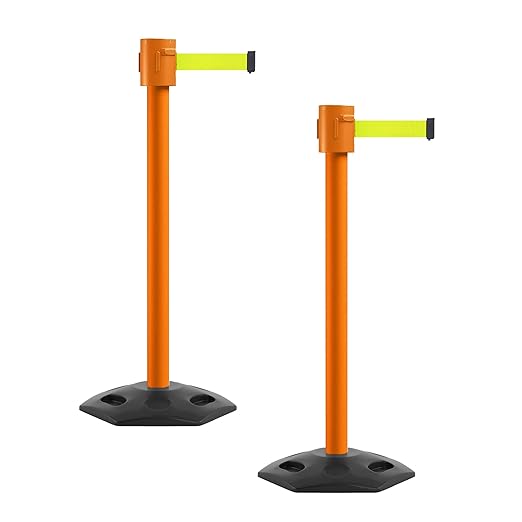 Montour Line MSR760 Set of 2 Retractable Belt Barrier Stanchion, Rubber Base, Orange Post (35 ft Fluorescent Yellow Belt)