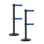 Crowd Control Warehouse CCW Set of 2 Dual Retractable Belt Barrier Stanchion, Cast Iron Base Black Post, IRBB-100D (11 Belt, Blue Belt)