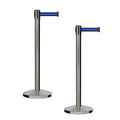 CCW Series RBB-100 - Set of 2 Stanchion Retractable Belt Barriers (11 Foot Belt, Black with Horizontal Blue Stripe Belt with Satin Stainless Steel Post)
