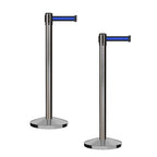 CCW Series RBB-100 - Set of 2 Stanchion Retractable Belt Barriers (11 Foot Belt, Black with Horizontal Blue Stripe Belt with Satin Stainless Steel Post)