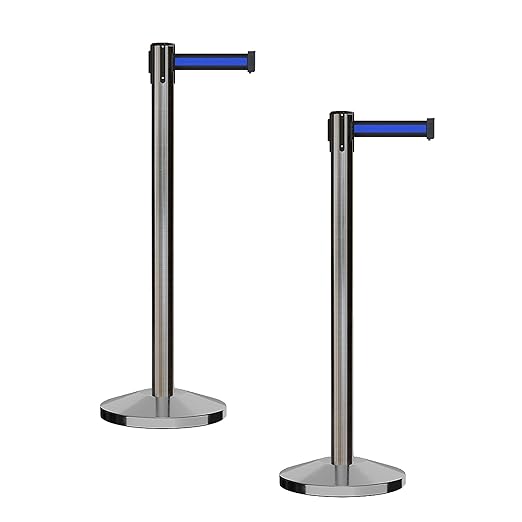 CCW Series RBB-100 - Set of 2 Stanchion Retractable Belt Barriers (7.5 Foot Belt, Black with Horizontal Blue Stripe Belt with Satin Stainless Steel Post)
