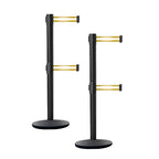 Crowd Control Warehouse CCW Set of 2 Dual Retractable Belt Barrier Stanchion, Cast Iron Base Black Post, IRBB-100D (7.5 Belt, Yellow with Horizontal Reflective Stripe Belt)