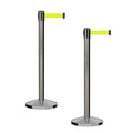 CCW Series RBB-100 - Set of 2 Stanchion Retractable Belt Barriers (9 Foot Belt, Fluorescent Yellow Belt with Satin Stainless Steel Post)