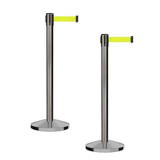 CCW Series RBB-100 - Set of 2 Stanchion Retractable Belt Barriers (9 Foot Belt, Fluorescent Yellow Belt with Satin Stainless Steel Post)
