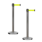 CCW Series RBB-100 - Set of 2 Stanchion Retractable Belt Barriers (11 Foot Belt, Fluorescent Yellow Belt with Satin Stainless Steel Post)