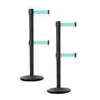 Crowd Control Warehouse CCW Set of 2 Dual Retractable Belt Barrier Stanchion, Cast Iron Base Black Post, IRBB-100D (7.5 Belt, Light Green Belt)