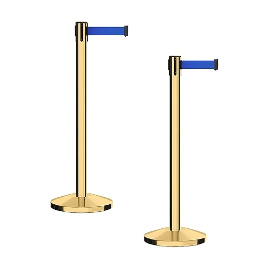 CCW Series RBB-100 - Set of 2 Stanchion Retractable Belt Barriers (7.5 Foot Belt, Blue Belt with Polished Brass Post)