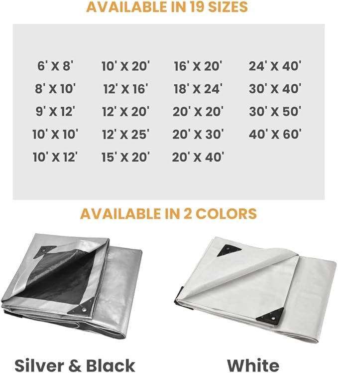 WHITEDUCK Super Heavy Duty Poly Tarp Cover 16 Mil & 10 Mil with Grommets and Reinforced Edges (Brown, White & Silver Black) (Silver Black- 10 Mil, 12' x 20')
