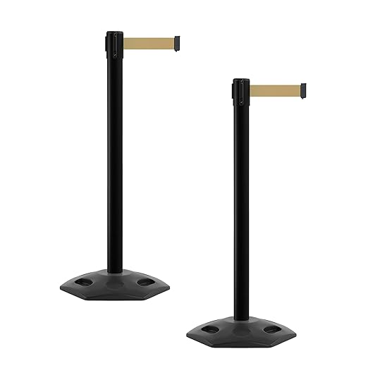 Crowd Control Warehouse CCW Series WBB-200 - Set of 2 Stanchion Retractable Belt Barriers - 11 Foot, Light Brown Belt with Black Post - Easy Assembly