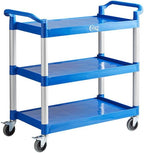 Blue Plastic Utility Bus Cart, 3 Shelves, 32 x 16 Inches, 300 lb Capacity, with Swivel Casters, for Restaurant and Commercial Use