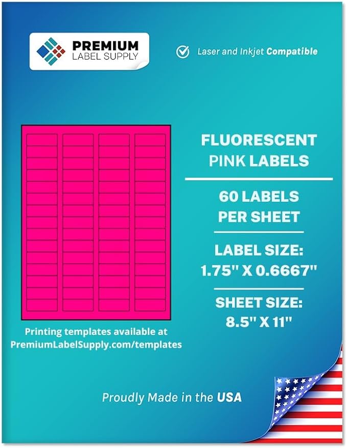 Premium Label Supply Bright Neon Color Fluorescent Sticker Labels - 1.75" x 0.6667" Return Address Labels - (Fluorescent Pink, 60,000 Labels)