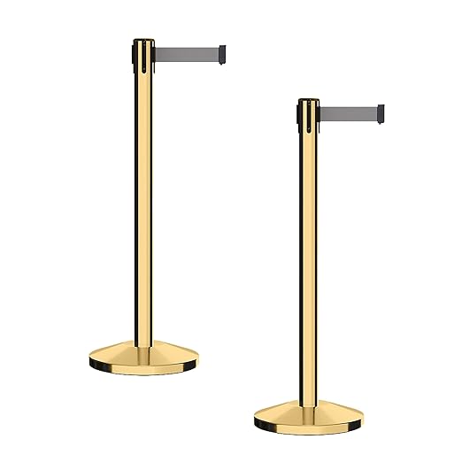 CCW Series RBB-100 - Set of 2 Stanchion Retractable Belt Barriers (11 Foot Belt, Light Grey Belt with Polished Brass Post)