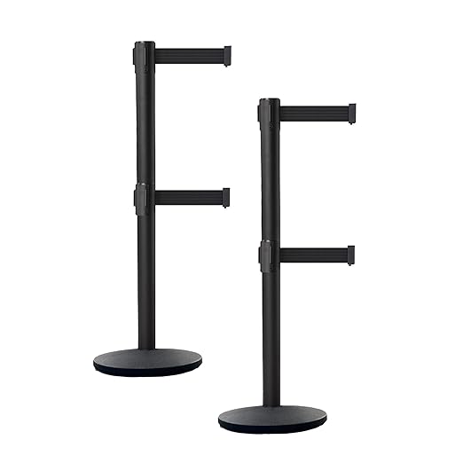 Crowd Control Warehouse CCW Set of 2 Dual Retractable Belt Barrier Stanchion, Cast Iron Base Black Post, IRBB-100D (11 Belt, Black Belt)