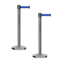 CCW Series RBB-100 - Set of 2 Stanchion Retractable Belt Barriers (9 Foot Belt, Blue Belt with Satin Stainless Steel Post)
