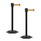 Montour Line MSR760 Set of 2 Retractable Belt Barrier Stanchion, Rubber Base, Black Powder Coated Post (35 ft Brown Belt)