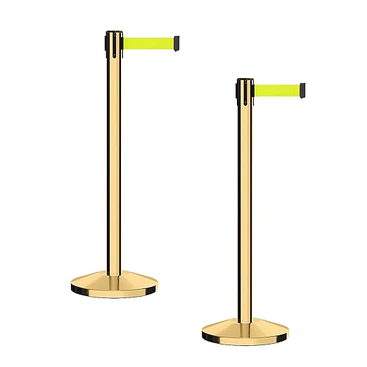 CCW Series RBB-100 - Set of 2 Stanchion Retractable Belt Barriers (7.5 Foot Belt, Fluorescent Yellow Belt with Polished Brass Post)