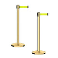 CCW Series RBB-100 - Set of 2 Stanchion Retractable Belt Barriers (7.5 Foot Belt, Fluorescent Yellow Belt with Polished Brass Post)