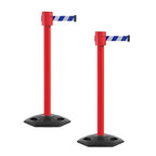 Montour Line MSR760 Set of 2 Retractable Belt Barrier Stanchion, Rubber Base, Red Post (35 ft Blue and White Diagonal Belt)