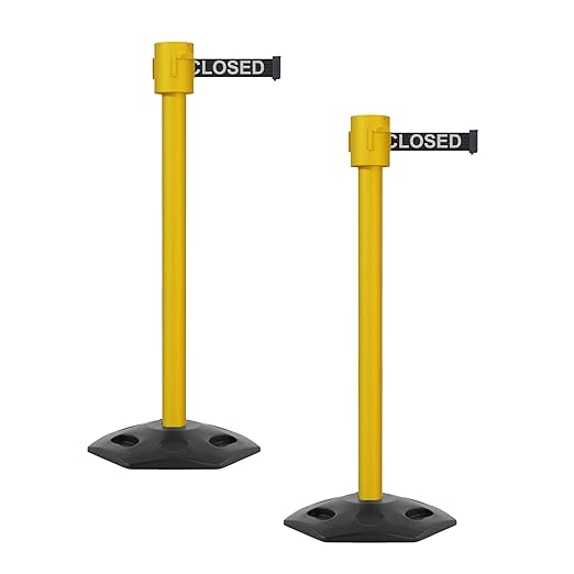 Montour Line MSR760 Set of 2 Retractable Belt Barrier Stanchion, Rubber Base, Yellow Post (35 ft Black with"This LINE Closed" White Letters Belt)