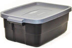 Rubbermaid 6-Pack Totes for Storage with Lids, Heavy Duty Plastic Storage Bins with Lids, Black Gray, 10 GAL - Stackable for Garage, Attic, Camping (10 GAL - 6 Pack Solid Black and Grey)