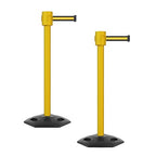 Montour Line MSR760 Set of 2 Retractable Belt Barrier Stanchion, Rubber Base, Yellow Post (35 ft Black with Yellow Horizontal Stripe Belt)