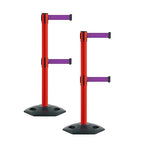 Montour Line MSR630D Set of 2 Retractable Belt Barrier Stanchion, Heavy-Duty Rubber Base, Red Post (13 ft Purple Dual Belt)