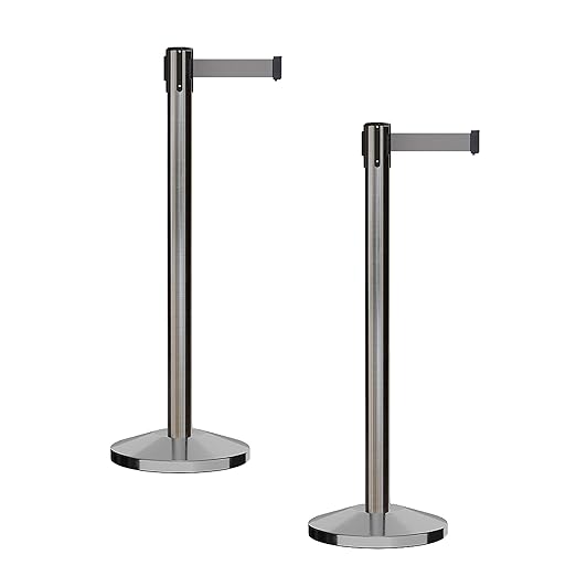 CCW Series RBB-100 - Set of 2 Stanchion Retractable Belt Barriers (11 Foot Belt, Light Grey Belt with Satin Stainless Steel Post)