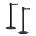 Montour Line MSR760 Set of 2 Retractable Belt Barrier Stanchion, Rubber Base, Black Powder Coated Post (35 ft Black and Orange Diagonal Belt)
